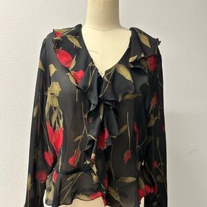 Gloria Vanderbilt Black and Red Ruffled Blouse